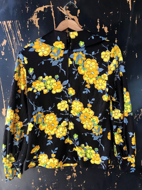 Vintage 70's Mod Black with Yellow Floral Long Po… - image 5