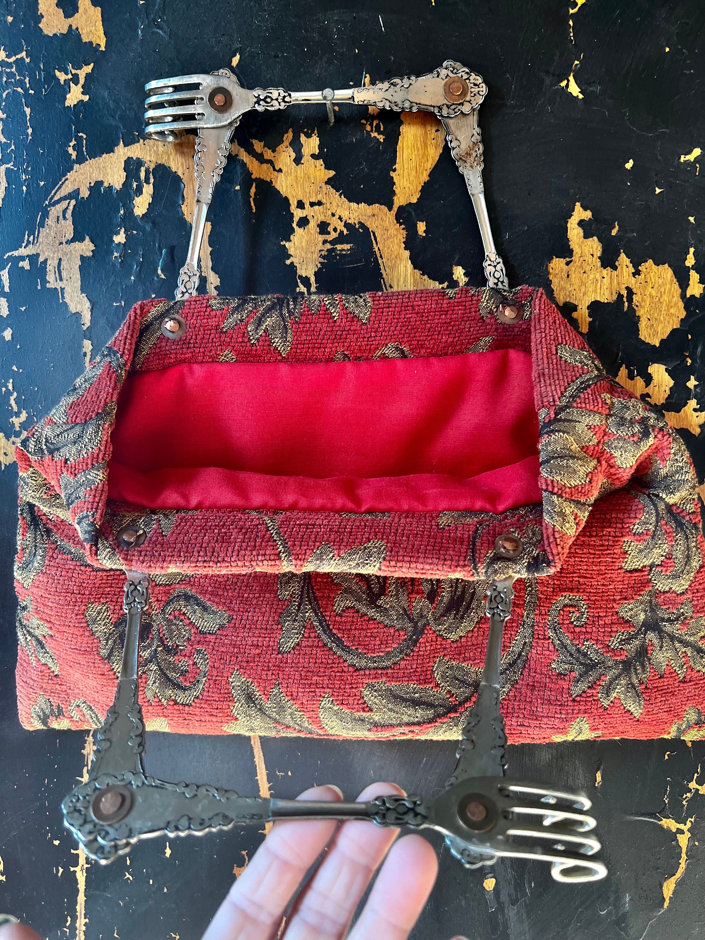 Vintage Antique Forks Top-handle Tapestry Carpet Bag/ Purse/ Hand