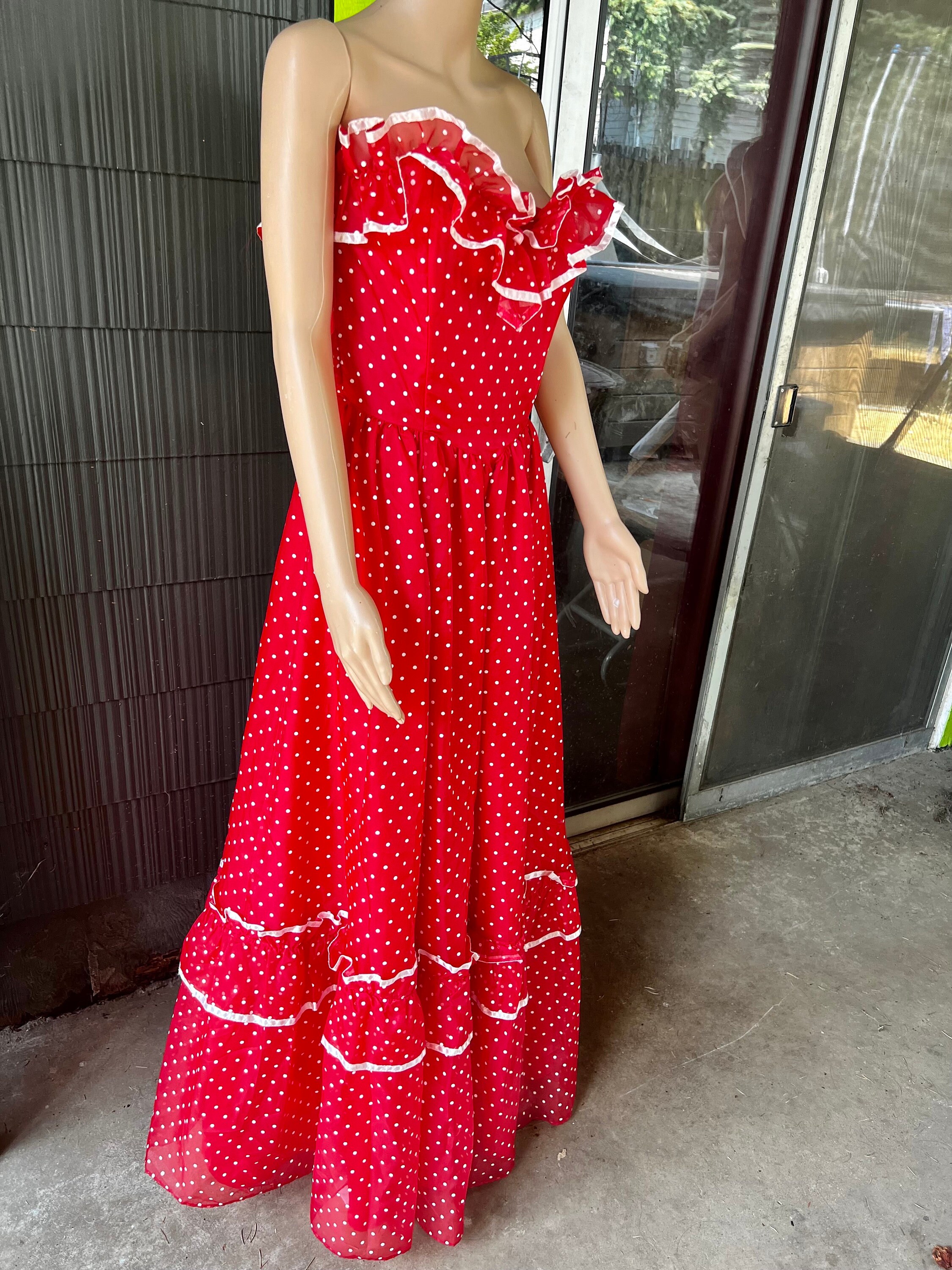 Vintage 80's Red With White Polka Dots Strapless Dress/gown
