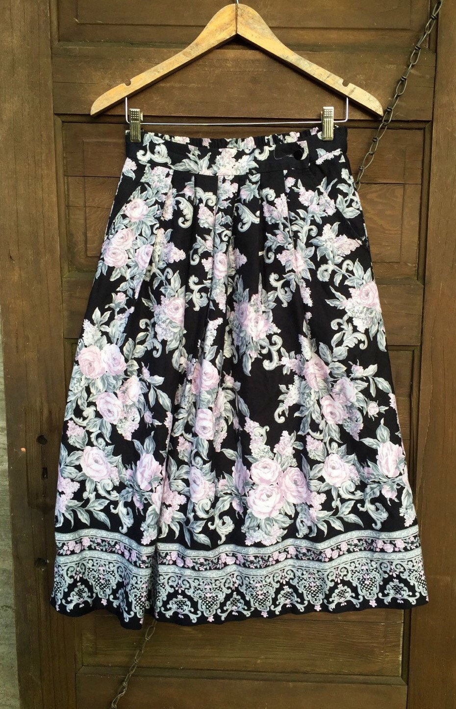 Vintage 80's High Waisted Black and Muted Pink Floral Midi Length Skirt ...