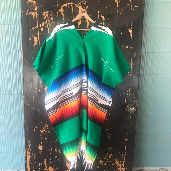 Vintage 70’s Authentic Green Mexican Woven Serape… - image 3