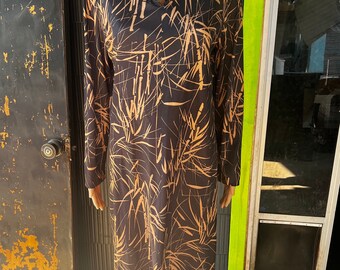 Vintage 70’s Black with Tan Bamboo Novelty Print Long Sleeve Midi Dress by Ms Marilyn of Dallas size medium/large