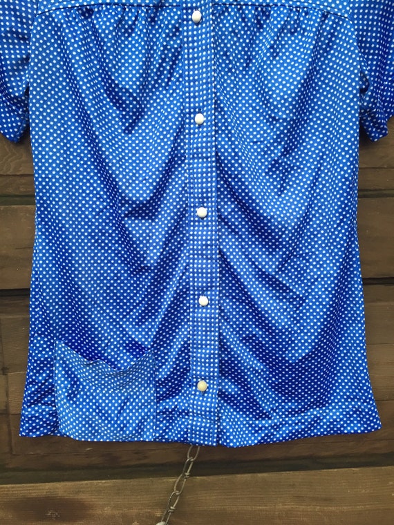 Vintage 70's Blue and White Polyester Polka Dot B… - image 4