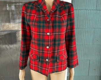 Vintage 70’s Red and Black Wool Plaid Blazer Jacket by Pendleton size medium