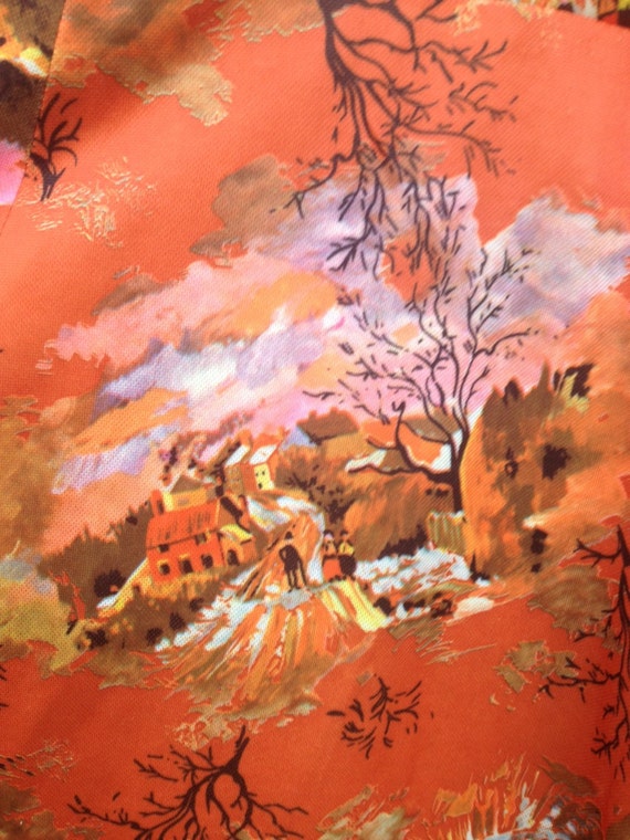 Vintage 70's Orange Novelty Print Polyester Long … - image 5