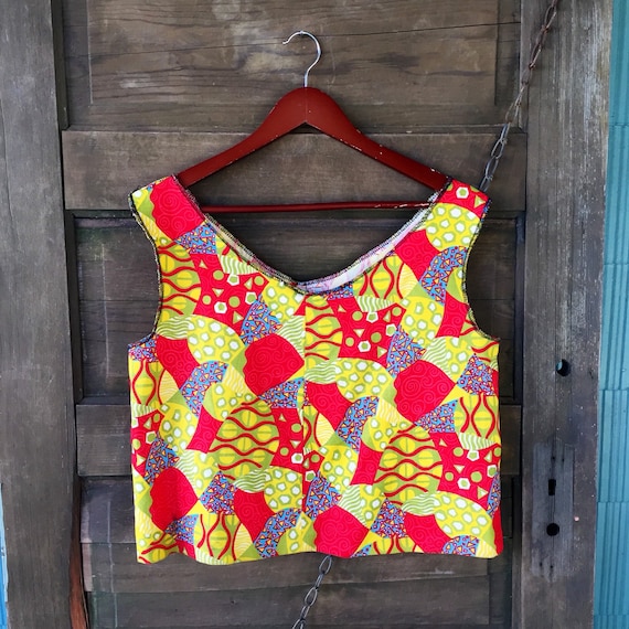 Vintage 60's Groovy Mod Abstract Print Crop Top Ta