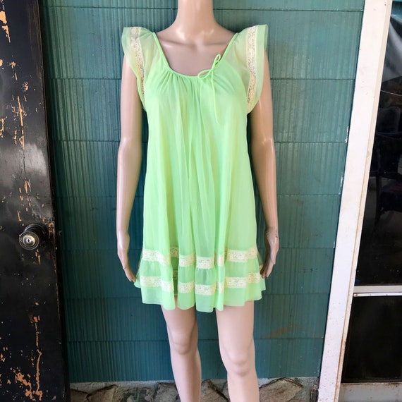 Vintage 60's Lime Green Chiffon and Lace Babydoll Lingerie Dress