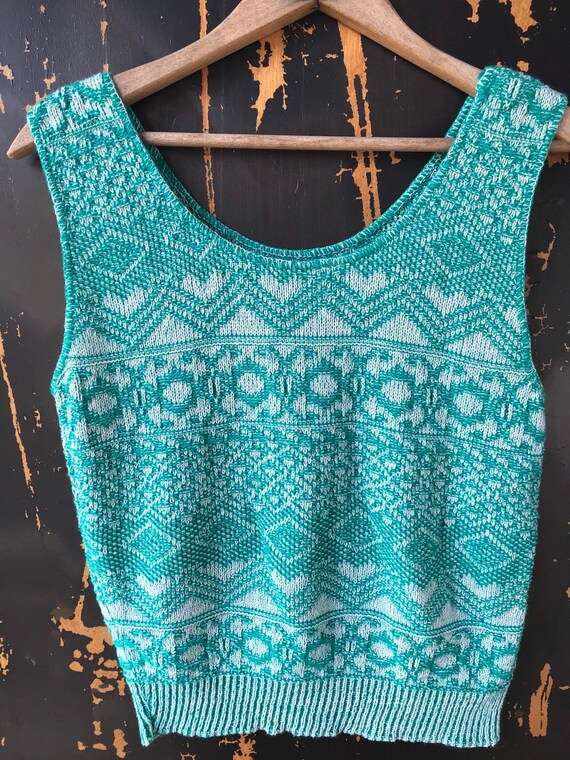 Vintage 60's/70’s Mod Teal Patterned Pullover Swe… - image 4