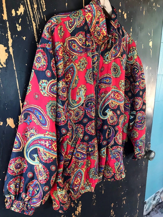 Vintage 90’s Red Paisley Silk Windbreaker Bomber … - image 5