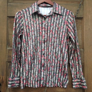 Vintage 70&#39;s Handmade Ooak Striped Floral Novelty Print Polyester Shirt