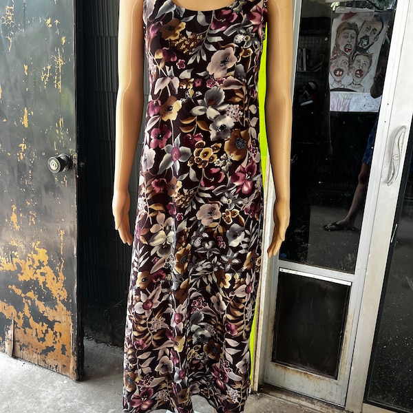 Vintage 90's Dark Tone Floral Unlined Pullover Sleeveless Maxi Dress by All That Jazz size 5/6 small