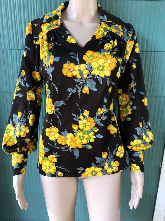 Vintage 70's Mod Black with Yellow Floral Long Po… - image 2