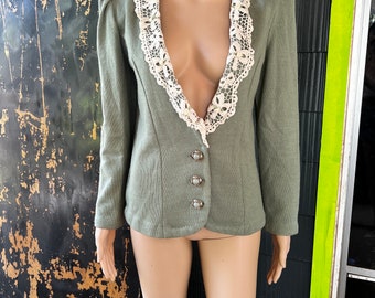Vintage 80's Mod Jade Green With Lace Collar Puff Sleeve Cardigan Blazer By Mathew and David size 8