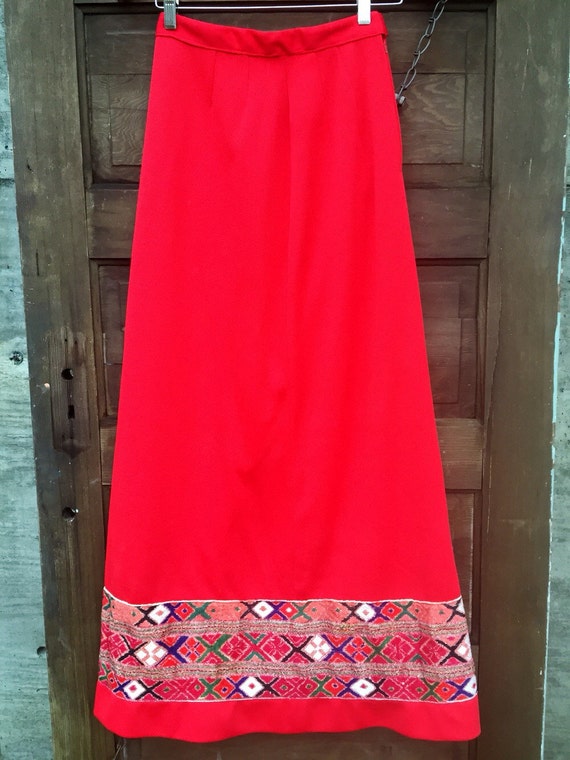 Vintage 70's Bright Red High Waisted Maxi Skirt w… - image 2