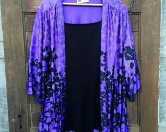 Vintage 70's Purple Floral Silky Polyester Kimono Top One Size