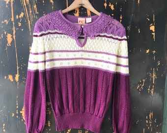 Vintage 70's Purple And White Striped Soft Acrylic Pullover Doily Sweater by FC size small