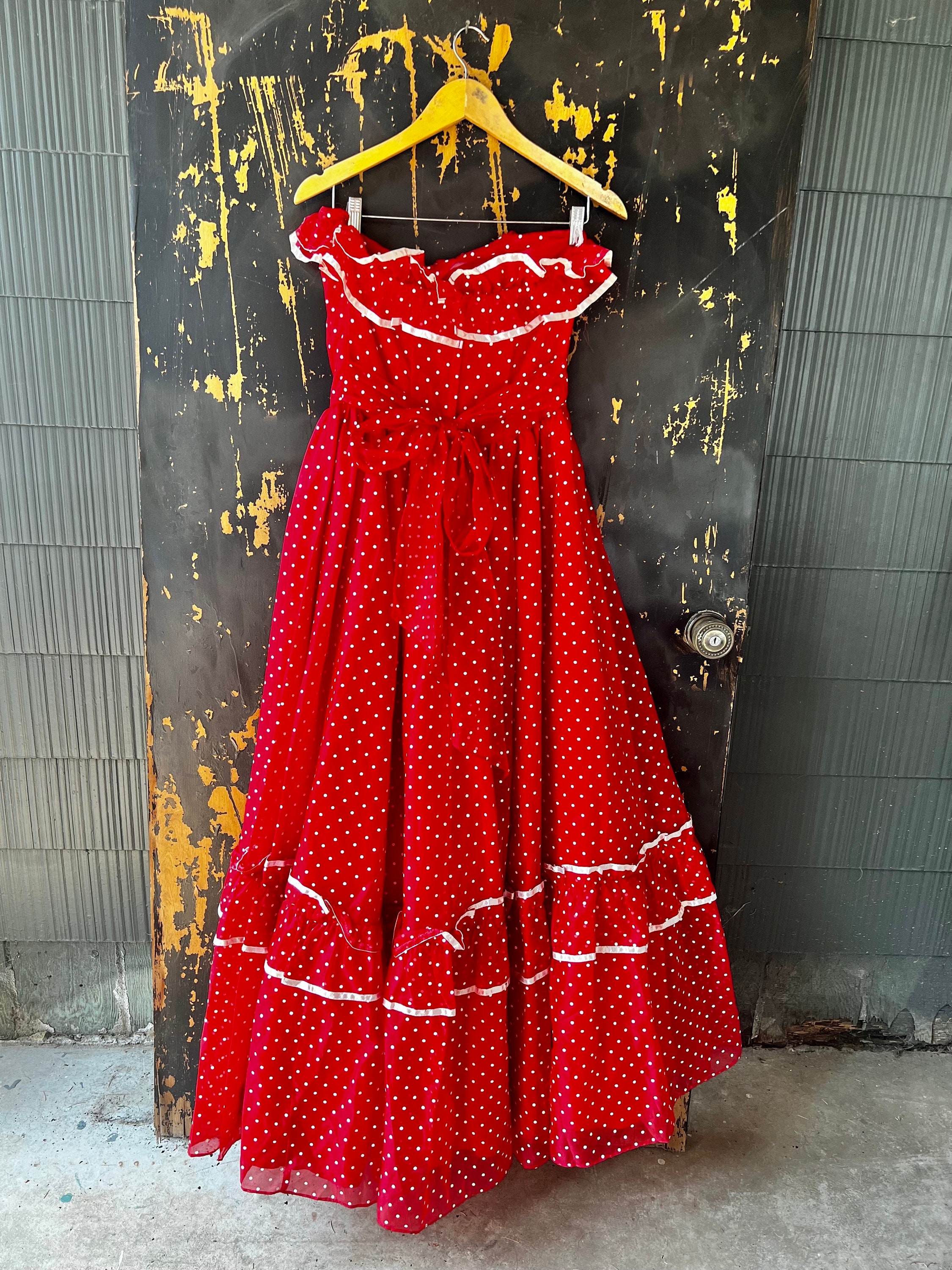 Vintage 80's Red With White Polka Dots Strapless Dress/gown