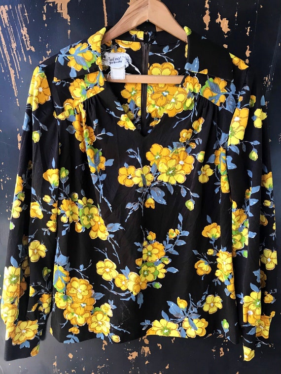 Vintage 70's Mod Black with Yellow Floral Long Po… - image 4