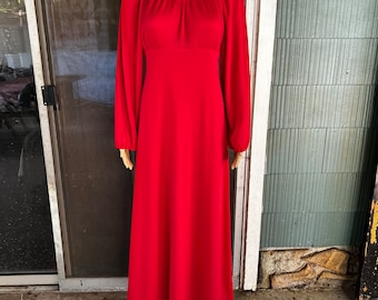 Vintage 70's Rust Orange Polyester Long Sleeve Ruffle Collar Maxi Prairie Dress  Size Small/medium