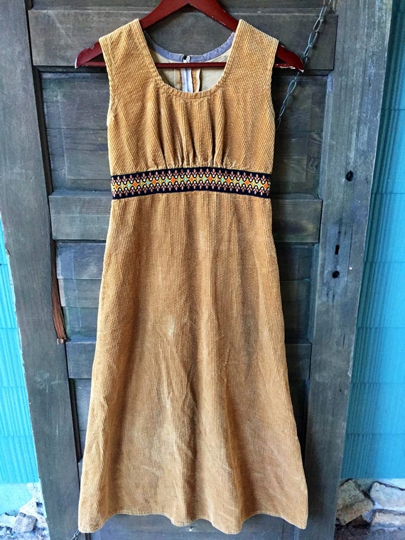 Vintage 70's Brown Corduroy Maxi Tank Dress with … - image 3