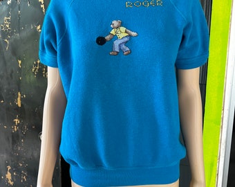 Vintage Blue Roger Bear Bowling Short Sleeve Sweatshirt Ultimate Bowling Dad Shirt