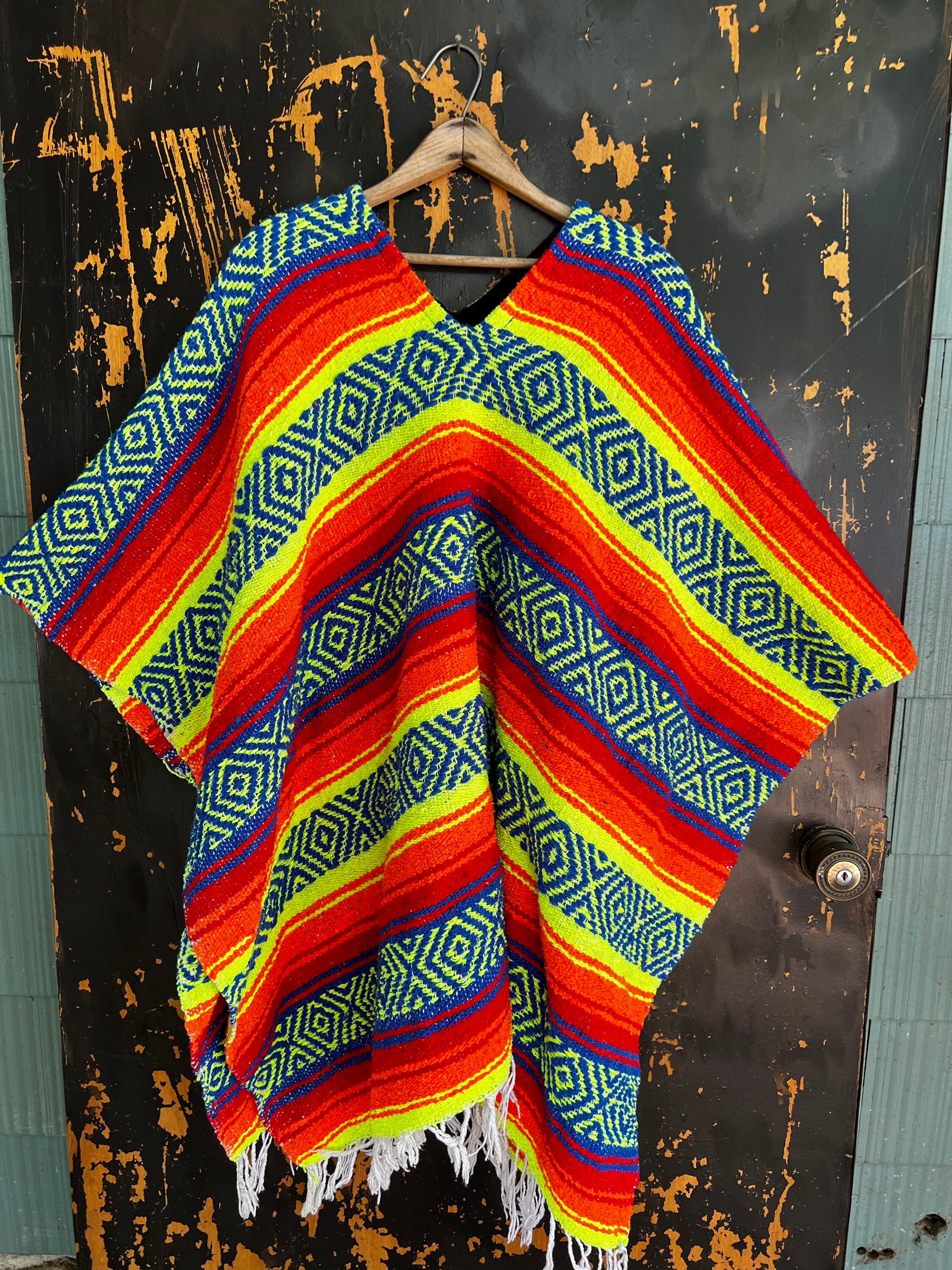 Vintage Neon Mexican Serape Blanket Poncho Etsy