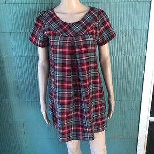 Vintage 90&#39;s Red and Gray Plaid Flannel Babydoll Mini Dress by I.S.E Size Medium