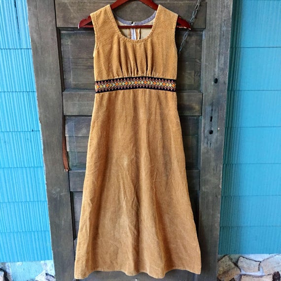 Vintage 70's Brown Corduroy Maxi Tank Dress with … - image 1