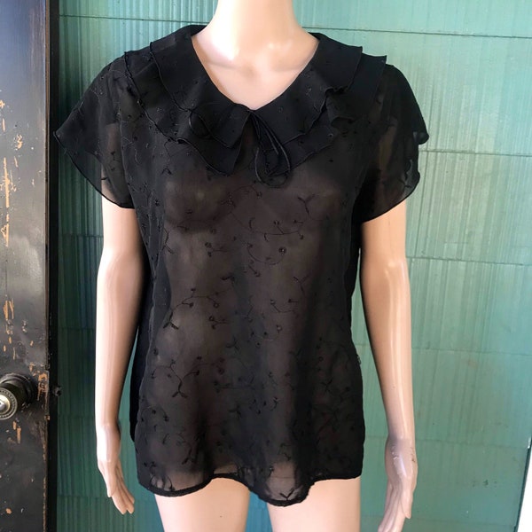 Vintage 60’s Black Semi Sheer Eyelet Lace Top size Large by Lady Sharon