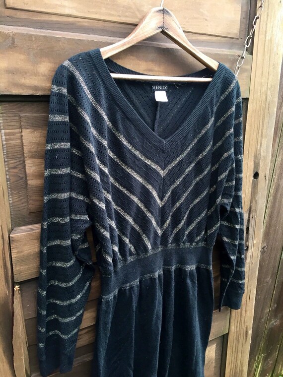 Vintage 90's Black and Silver Chevron Batwing Sweater Dress by Venus
