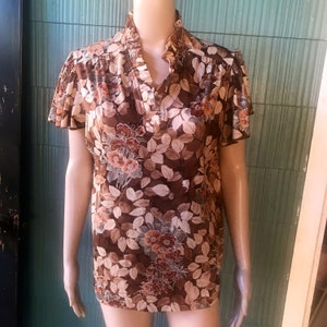 Vintage 70&#39;s Autumnal Floral Print Ruffled V Neck Polyester Top size large