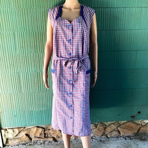 Vestido vintage anos 60/70 vermelho branco e azul xadrez sem mangas tamanho grande