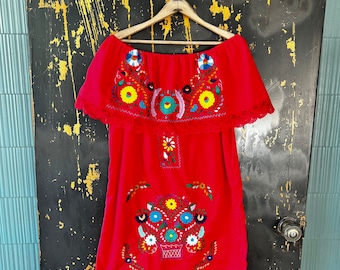 Vintage 70's Red Embroidered Floral Mexican Dress size medium