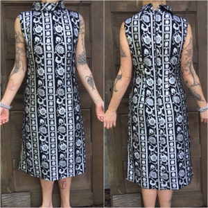 Vintage 60&#39;s Black and Metallic Silver Demask Wiggle Dress