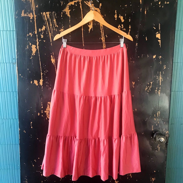 Vintage 70's Salmon Pink Tiered Prairie Midi Skirt by Ship n Shore Size Large