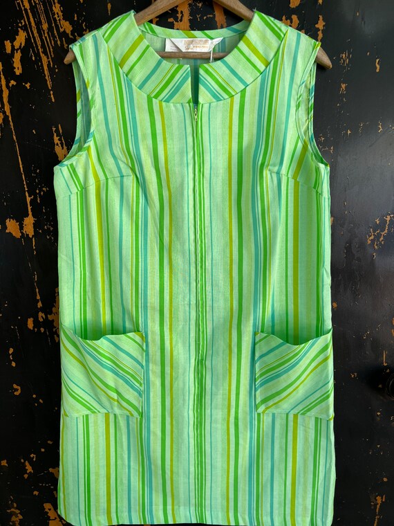 Vintage 60's Deadstock Mod Lime Green Striped Sle… - image 4