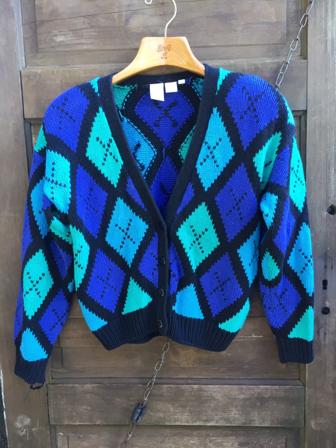 Vintage Women's Knit Teal and Purple Plaid Crop Top Cardigan