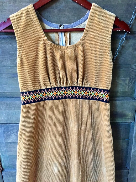 Vintage 70's Brown Corduroy Maxi Tank Dress with … - image 5