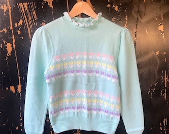 Vintage 80's Mint Green Puffed Sleeve Flower Garden Pullover Sweater size Women’s small
