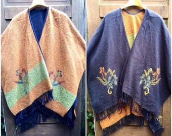 Vintage Reversible Oversized Black and Mustard Woven Blanket Poncho with Fringe