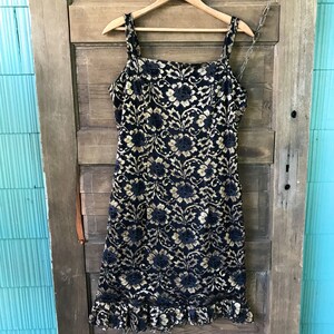 Vintage 80&#39;s Black and Metallic Gold Lace Flapper Party Tank Dress size Medium