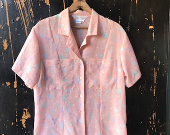 Vintage 90's Pastel Pink Abstract Leaf  Print Button Down Top by Susan Hutton size large
