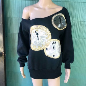 Vintage early 90&#39;s Black Flashy Oversized Clocks Graphic Altered Pullover Sweatshirt size large