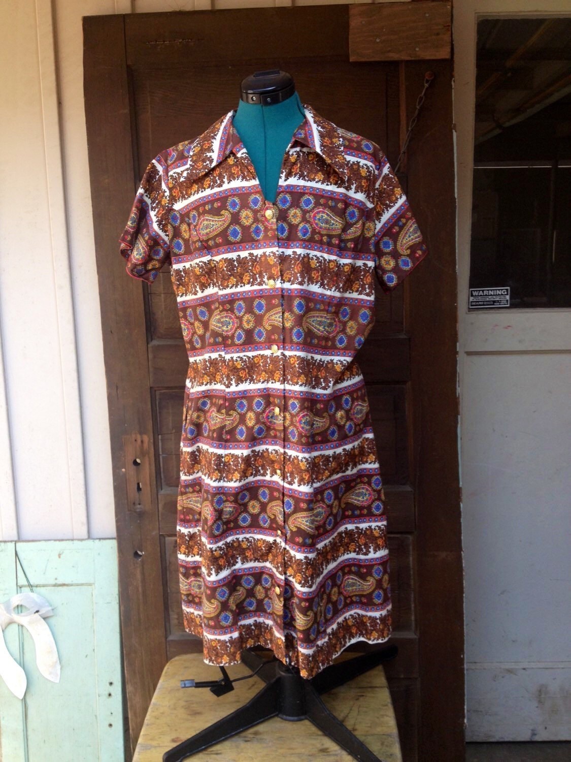 Vintage 70's Striped Paisley Button Down Cotton Shift Dress with Peter Pan Collar