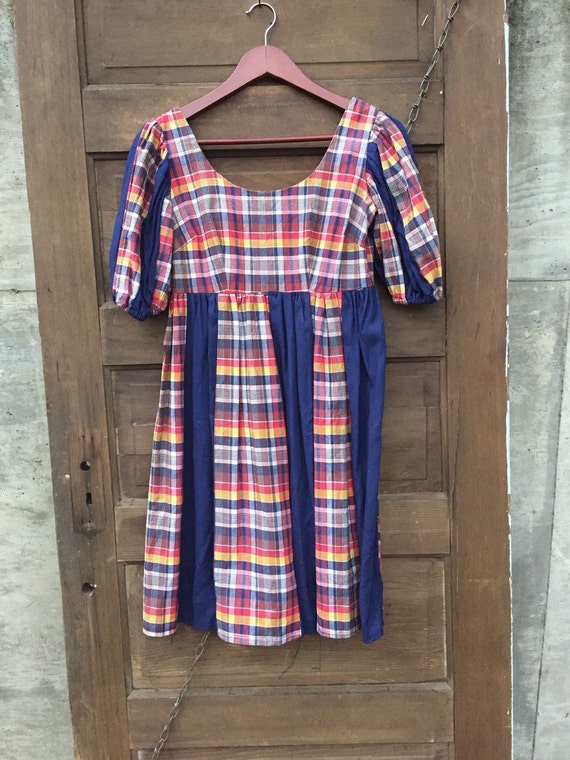 Vintage 70's Plaid and Navy Babydoll Prairie Dress