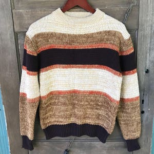 Vintage 70&#39;s Brown, Beige, and Orange Space Dyed Striped Acrylic Pullover Sweater Studio One by Campus size Large Unisex