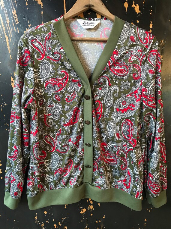 Vintage 70's Mod Green and Red Paisley Print Poly… - image 4