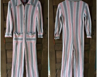 Vintage 70's Stretchy Textured Diamond Striped Polyester Flared Leisure Jumpsuit size medium