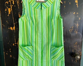 Vintage 60's Deadstock Mod Lime Green Striped Sleeveless Zipped Midi Day Dress by Sears size medium