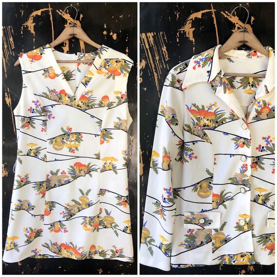 Vintage 70's Mod Novelty Mushroom Print Mini Dress